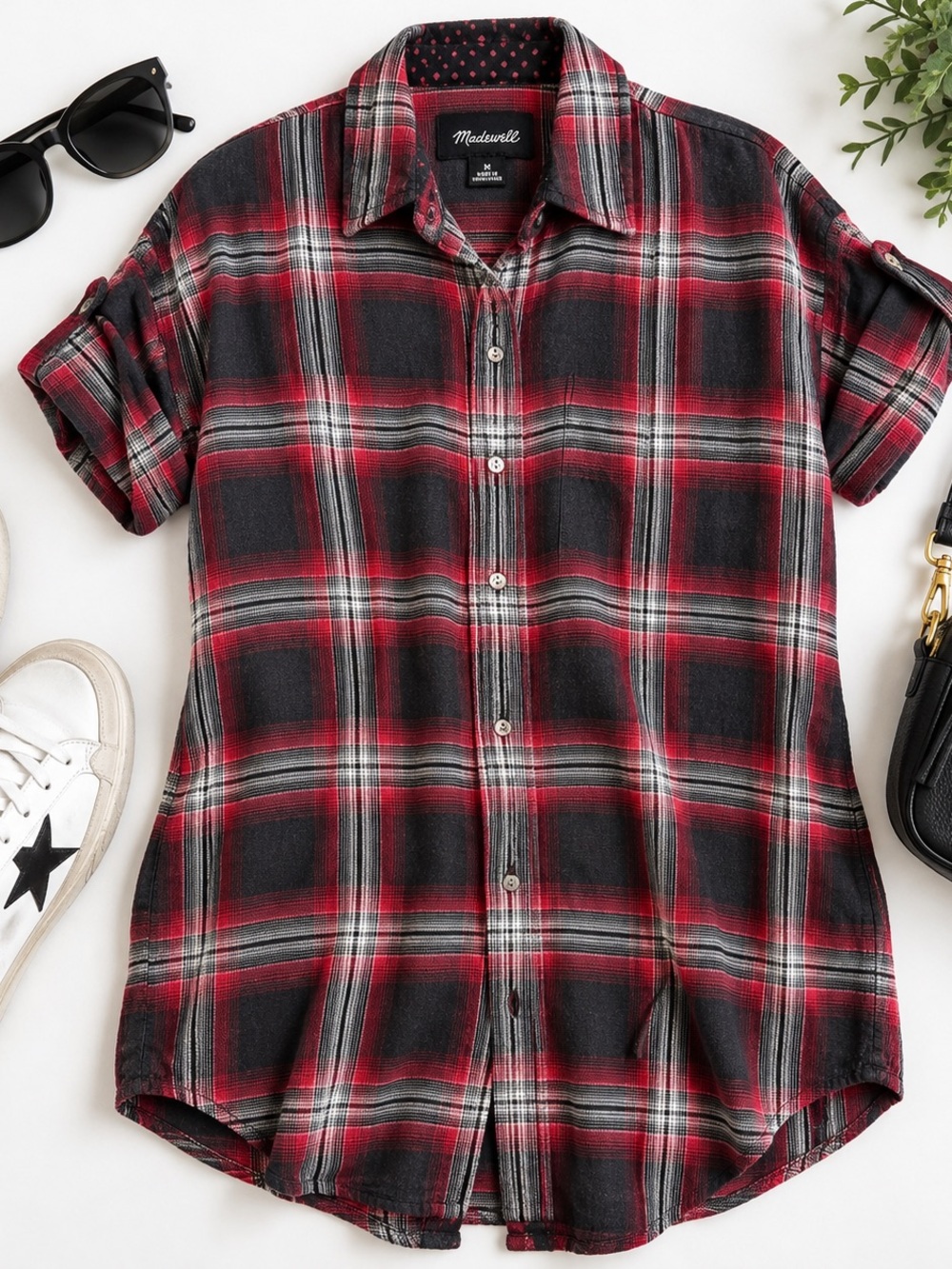 Madewell Plaid Short Sleeve Button-Down Shirt Dress – Size Medium
